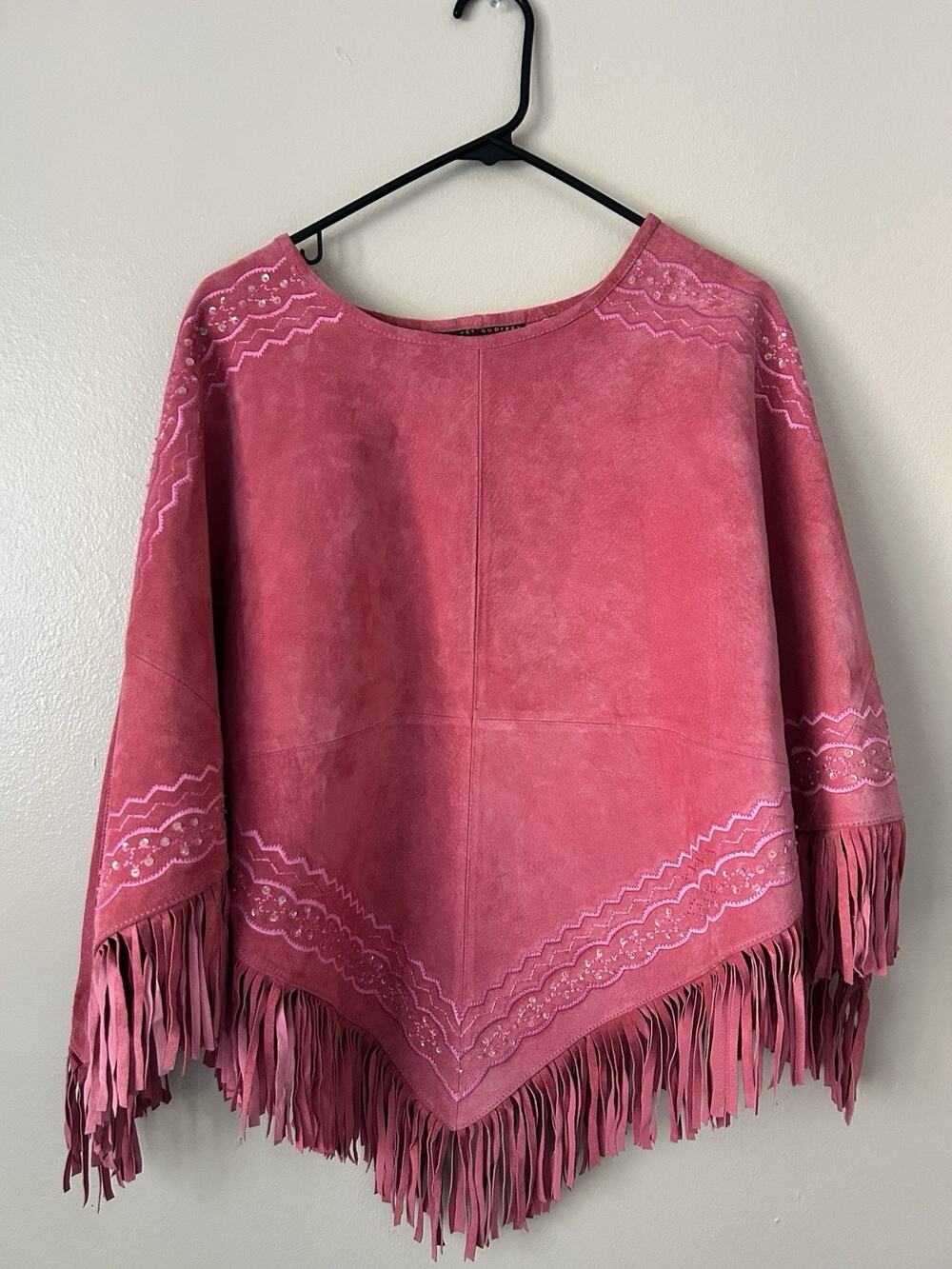 Margaret Godfrey Suede Leather Fringe Poncho Pink Embroidered Sequins Sz L